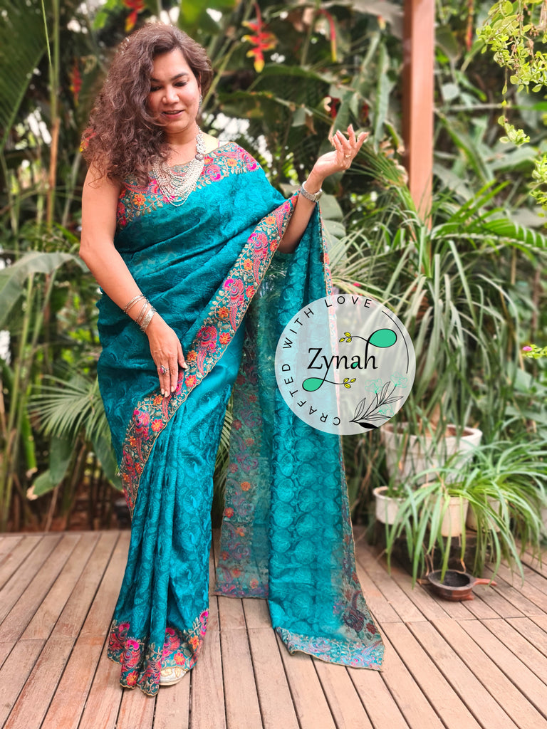 Zynah Designer Pure Kora Silk Saree with Scalloped Border & Thread Embroidery; Custom Stitched/Ready-made Blouse, Fall, Petticoat; Shipping available USA, Worldwide