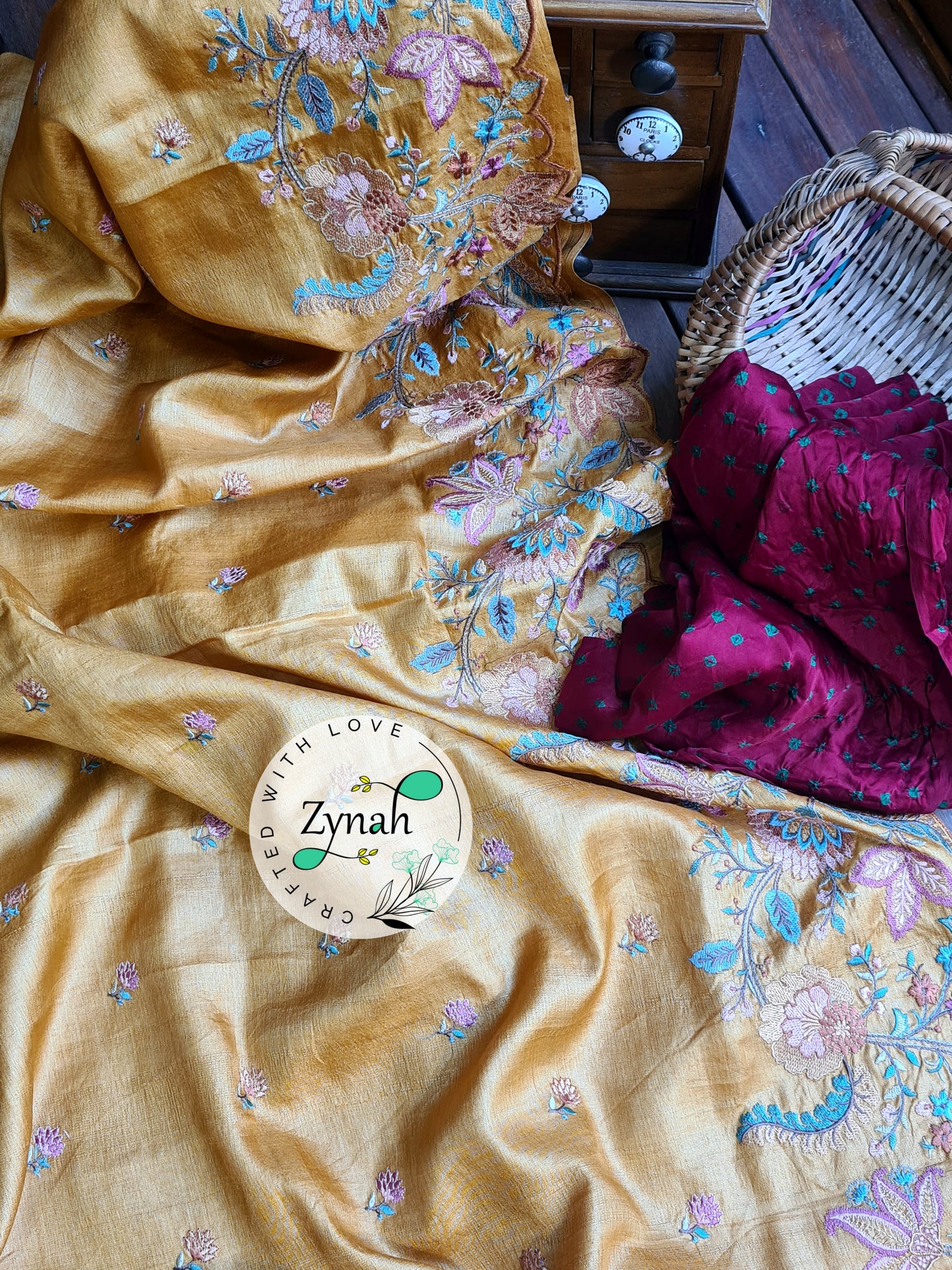 Zynah Pure Tussar Silk Embroidered Saree with Scalloped Border & 2 blouse pieces; Custom Stitched/Ready-made Blouse, Fall, Petticoat; Shipping available USA, Worldwide