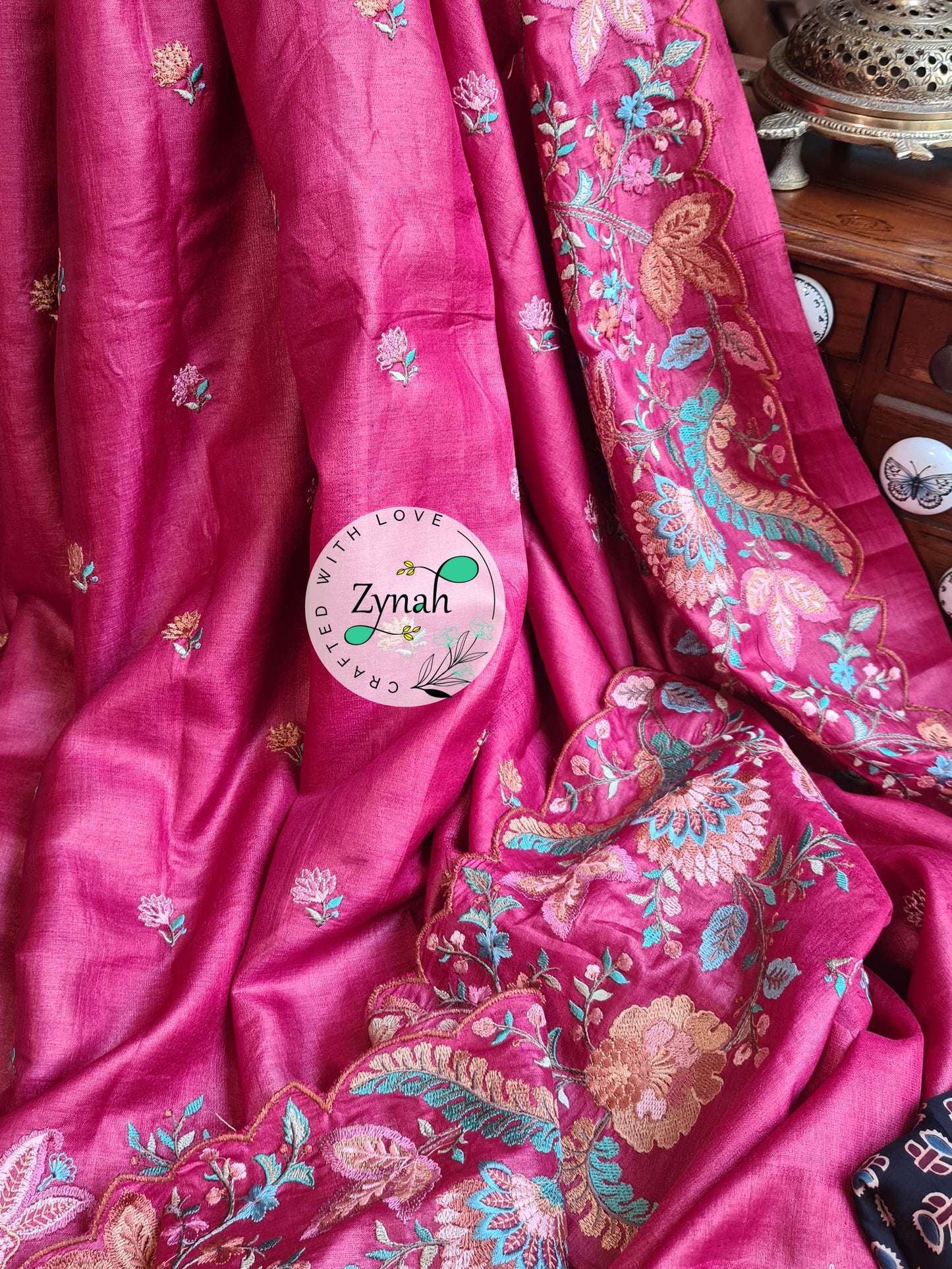 Zynah Pure Tussar Silk Embroidered Saree with Scalloped Border & 2 blouse pieces; Custom Stitched/Ready-made Blouse, Fall, Petticoat; Shipping available USA, Worldwide
