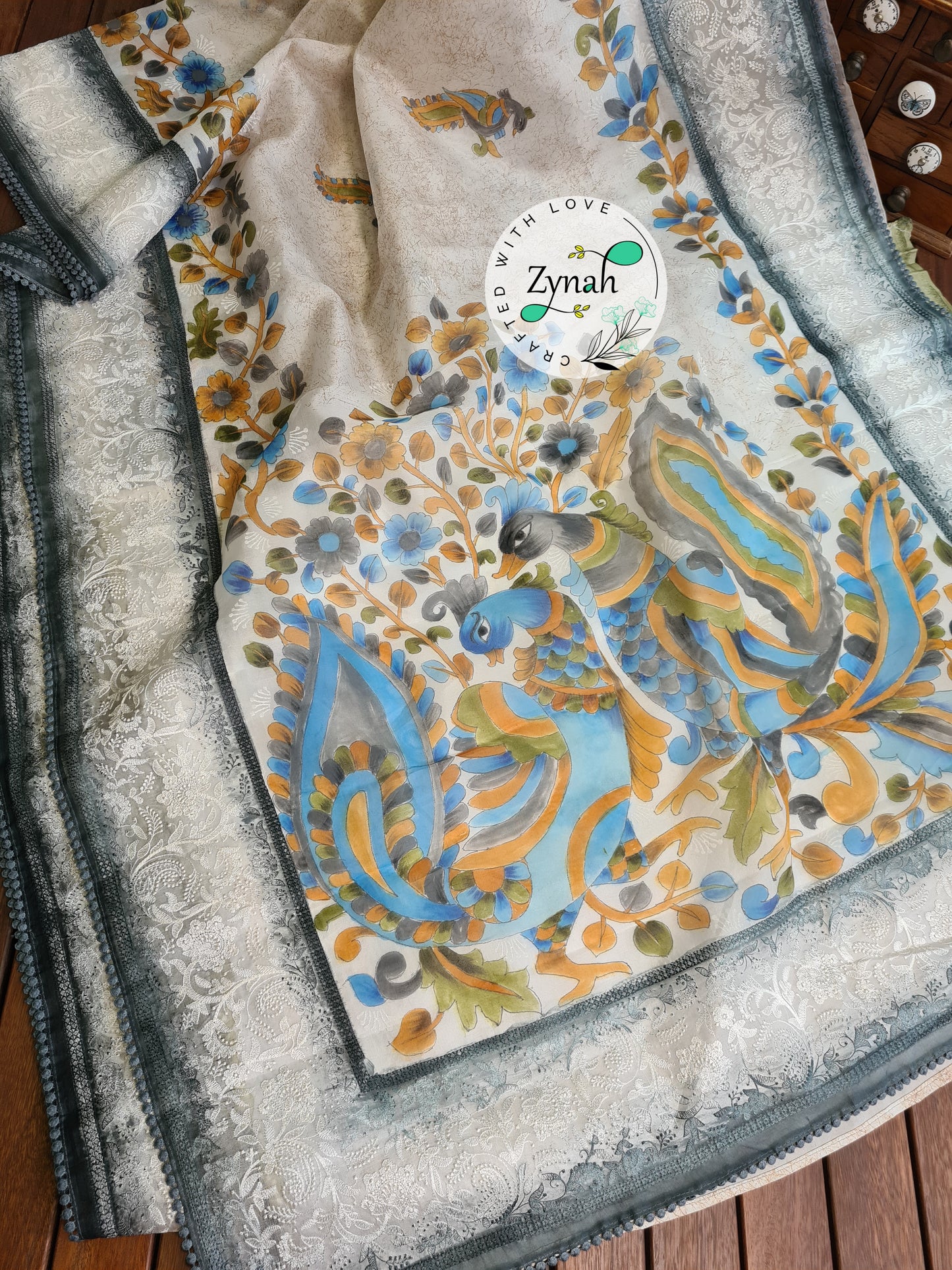 Zynah Premium Quality Pure Kora Silk Saree with Hand-painted Kalamkari Designs, Chikankari Embroidery; Custom Stitched/Ready-made Blouse, Fall, Petticoat; Shipping available USA, Worldwide