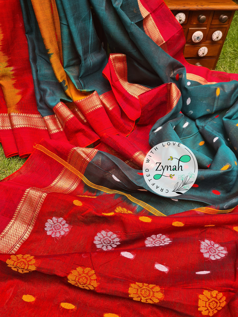 Zynah Green & Red Color Pure Handspun Cotton Saree with Zari Weave Border; Custom Stitched/Ready-made Blouse, Fall, Petticoat; Shipping available USA, Worldwide