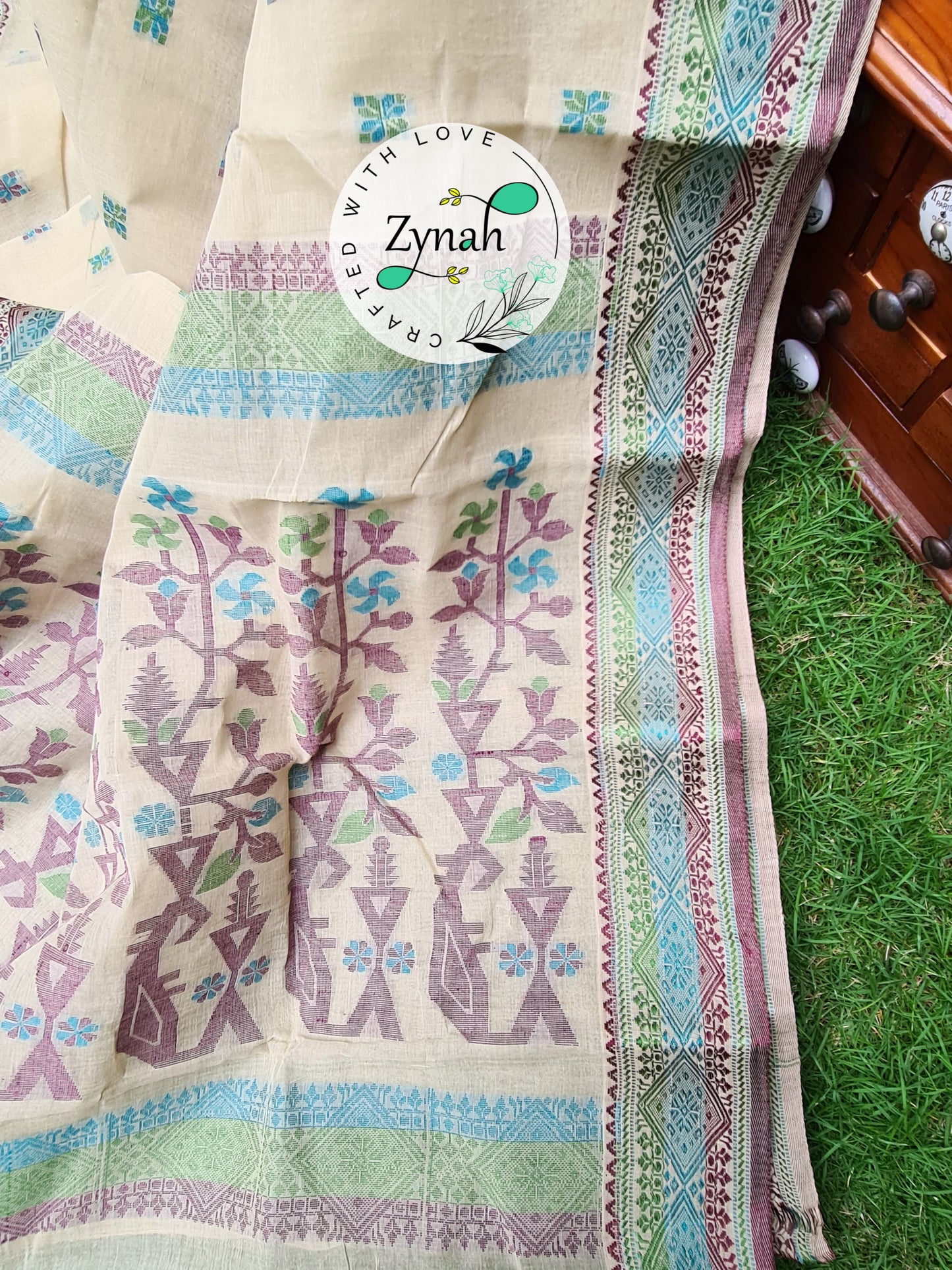 Zynah Off-white Color Pure Handspun Cotton Saree with Zari Weave Border; Custom Stitched/Ready-made Blouse, Fall, Petticoat; Shipping available USA, Worldwide