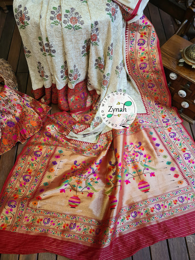 Zynah Banarasi Khaddi Georgette Saree with Chikankari Work & Paithani Weave; Custom Stitched/Ready-made Blouse, Fall, Petticoat; Shipping available USA, Worldwide