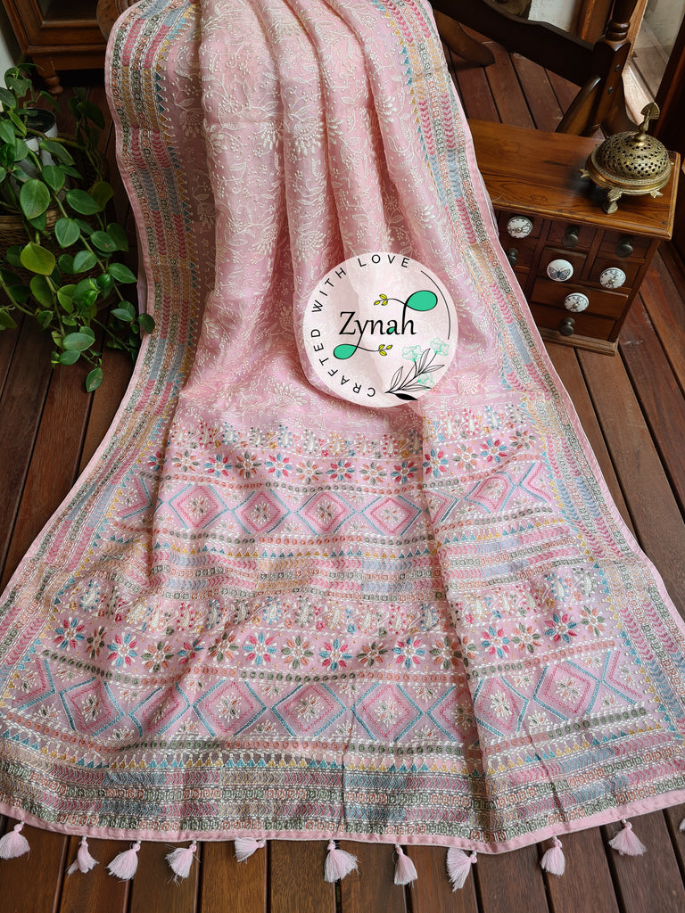 Zynah Pure Organza Silk Saree with Kantha Style Embroidery; Custom Stitched/Ready-made Blouse, Fall, Petticoat; Shipping available USA, Worldwide