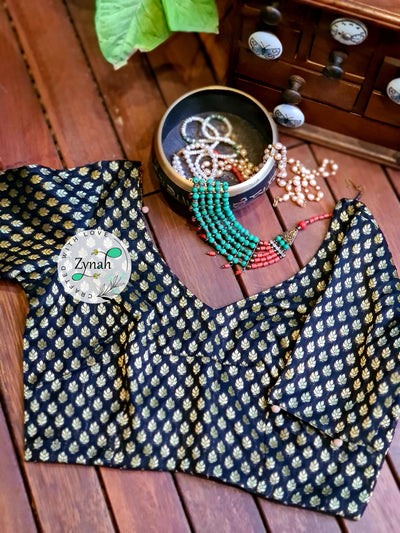 Zynah Pre-order Pure Silk Black Color Blouse with Butis weave; Shipping available USA & Worldwide