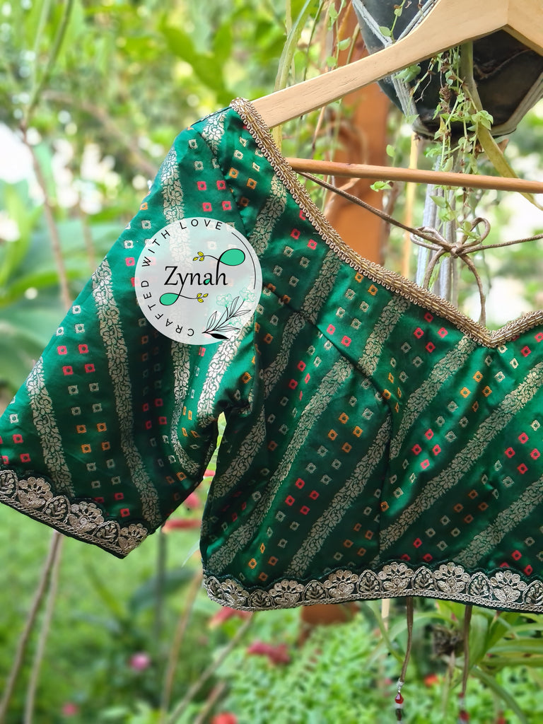Zynah Pre-order Pure Silk Green Color Blouse with Lehriya weave; Shipping available USA & Worldwide
