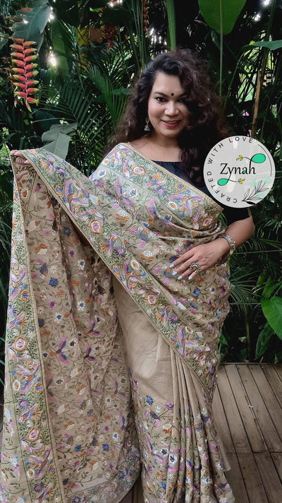 Zynah Tussar Color Pure Tussar Silk Parsi Gara Inspired Embroidery Saree; Custom Stitched/Ready-made Blouse, Fall, Petticoat; Shipping available USA, Worldwide