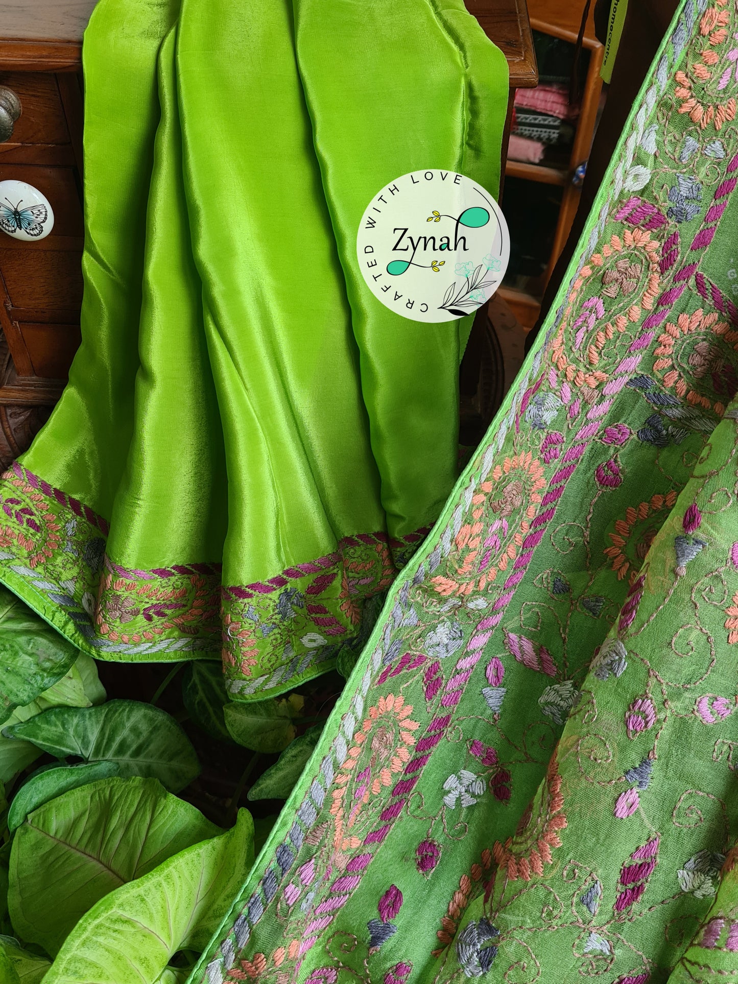 Zynah Light Green Color Pure Organza Silk Saree with Bandhani Prints & Kantha Embroidery; Custom Stitched/Ready-made Blouse, Fall, Petticoat; Shipping available USA, Worldwide