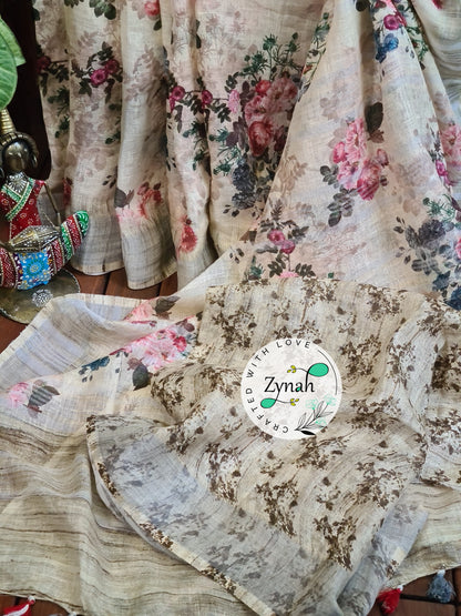 Zynah Off-white Color Organic Pure Linen by Linen(120c) Saree with Digital Floral Prints & Zari Border; Custom Stitched/Ready-made Blouse, Fall, Petticoat; Shipping available USA, Worldwide