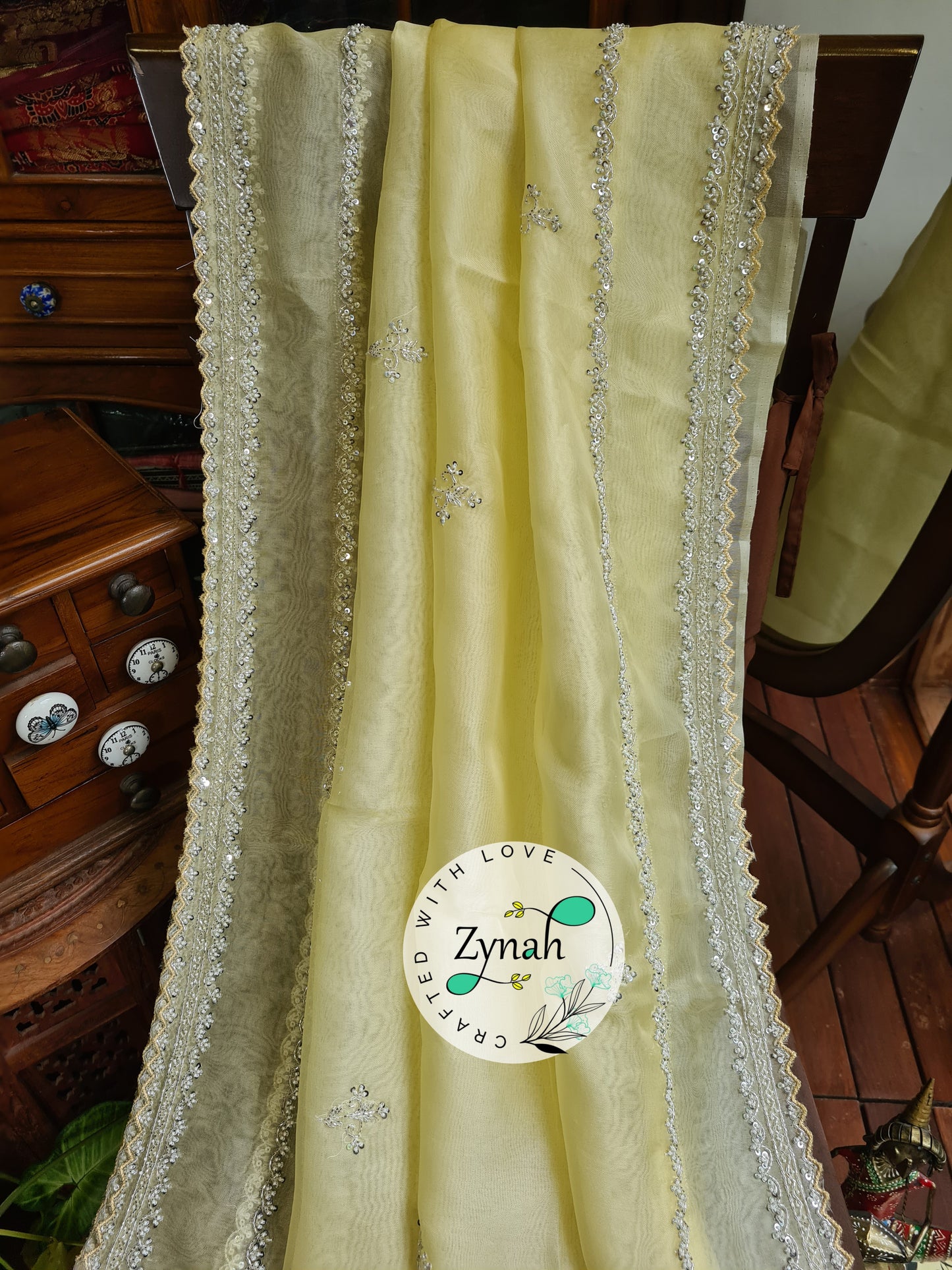 Zynah Yellow Color Pure Organza Silk Saree with Sequence, Pearls & Cut-dana Work; Custom Stitched/Ready-made Blouse, Fall, Petticoat; Shipping available USA, Worldwide