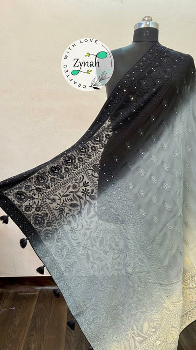 Zynah Pure Georgette Double-shaded Chikankari Saree with Sequence work; Custom Stitched/Ready-made Blouse, Fall, Petticoat; Shipping available USA, Worldwide