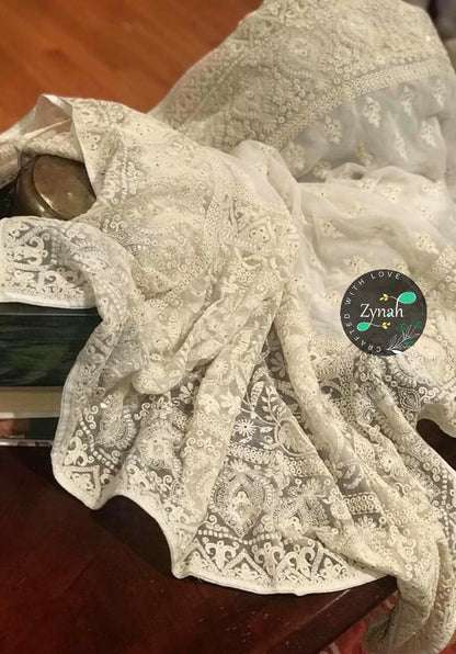 Zynah Pure Georgette Saree with Chikankari & Sequence work; Custom Stitched/Ready-made Blouse, Fall, Petticoat; Shipping available USA, Worldwide