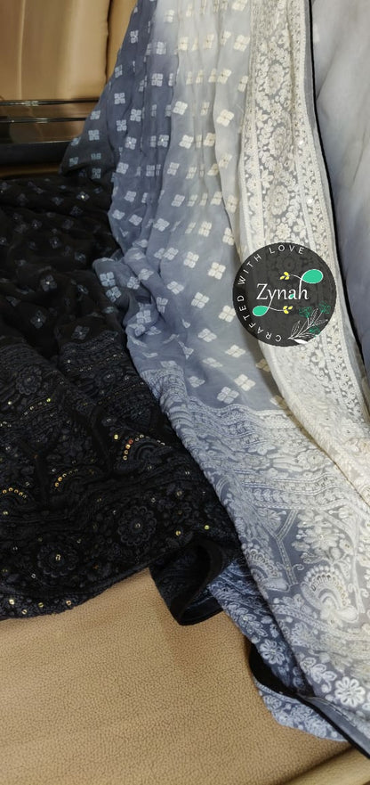 Zynah Pure Georgette Double-shaded Chikankari Saree with Sequence work; Custom Stitched/Ready-made Blouse, Fall, Petticoat; Shipping available USA, Worldwide
