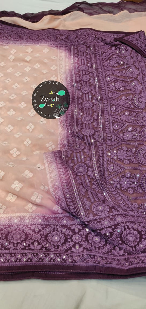 Zynah Pure Georgette Double-shaded Chikankari Saree with Sequence work; Custom Stitched/Ready-made Blouse, Fall, Petticoat; Shipping available USA, Worldwide