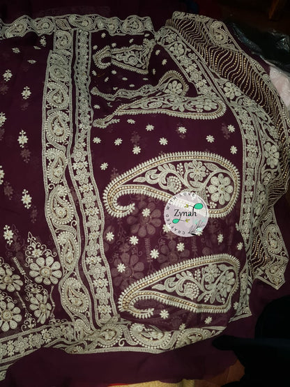 Zynah Pure Georgette Chikankari Saree with Sequence work; Custom Stitched/Ready-made Blouse, Fall, Petticoat; Shipping available USA, Worldwide