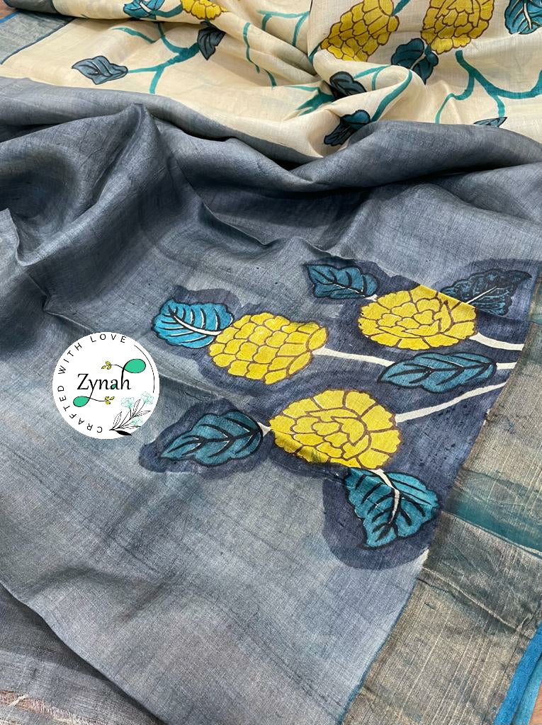 Zynah Pure Tussar Silk Hand-painted Kalamkari Saree; Custom Stitched/Ready-made Blouse, Fall, Petticoat; Shipping available USA, Worldwide