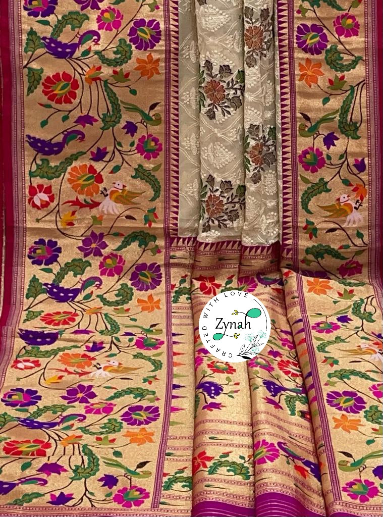 Zynah Banarasi Khaddi Georgette Saree with Chikankari Work & Paithani Weave; Custom Stitched/Ready-made Blouse, Fall, Petticoat; Shipping available USA, Worldwide