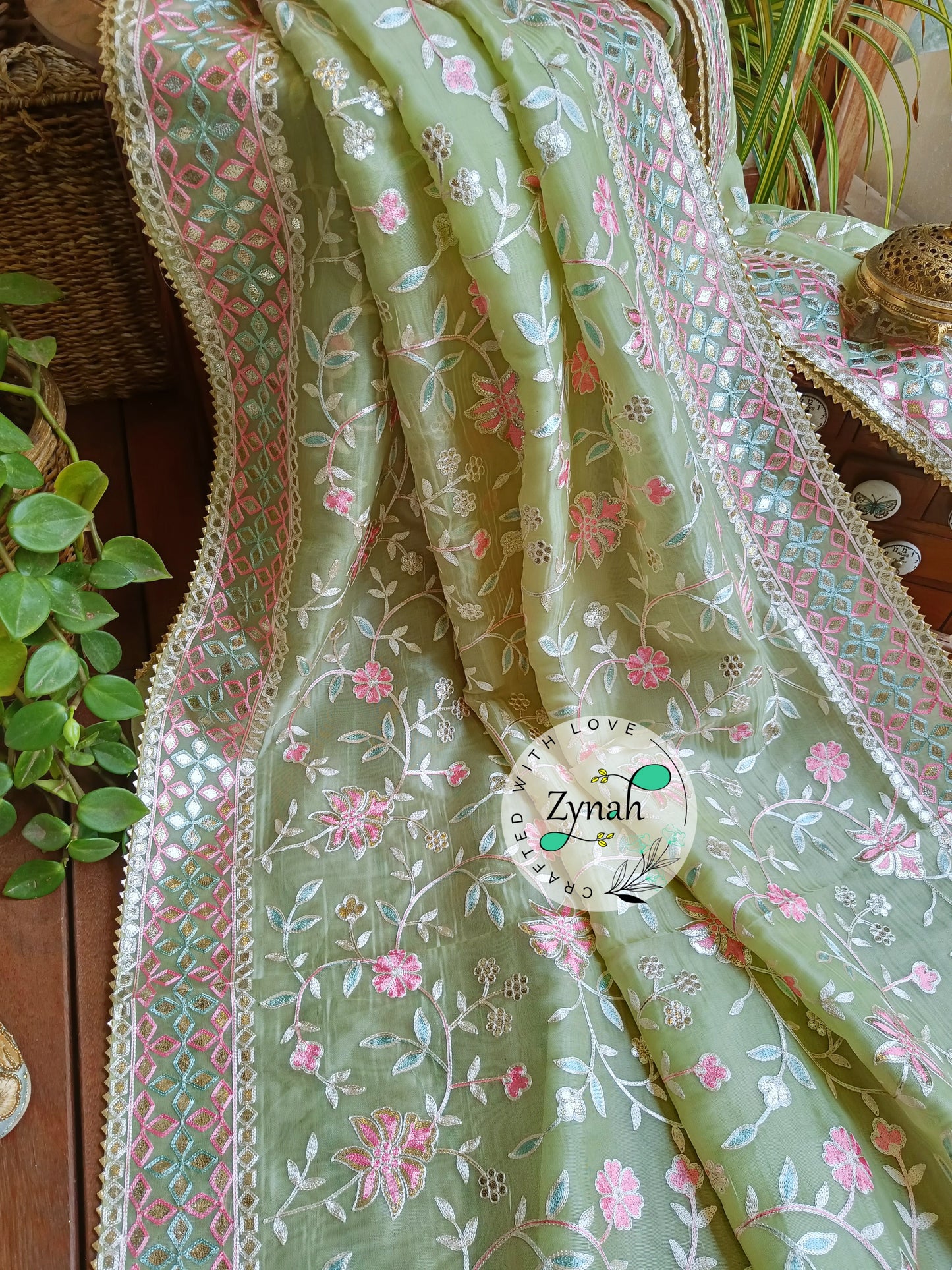 Zynah Pure Organza Silk Saree with Gotapatti Lace, Foil & Thread Embroidery Work; Custom Stitched/Ready-made Blouse, Fall, Petticoat; Shipping available USA, Worldwide