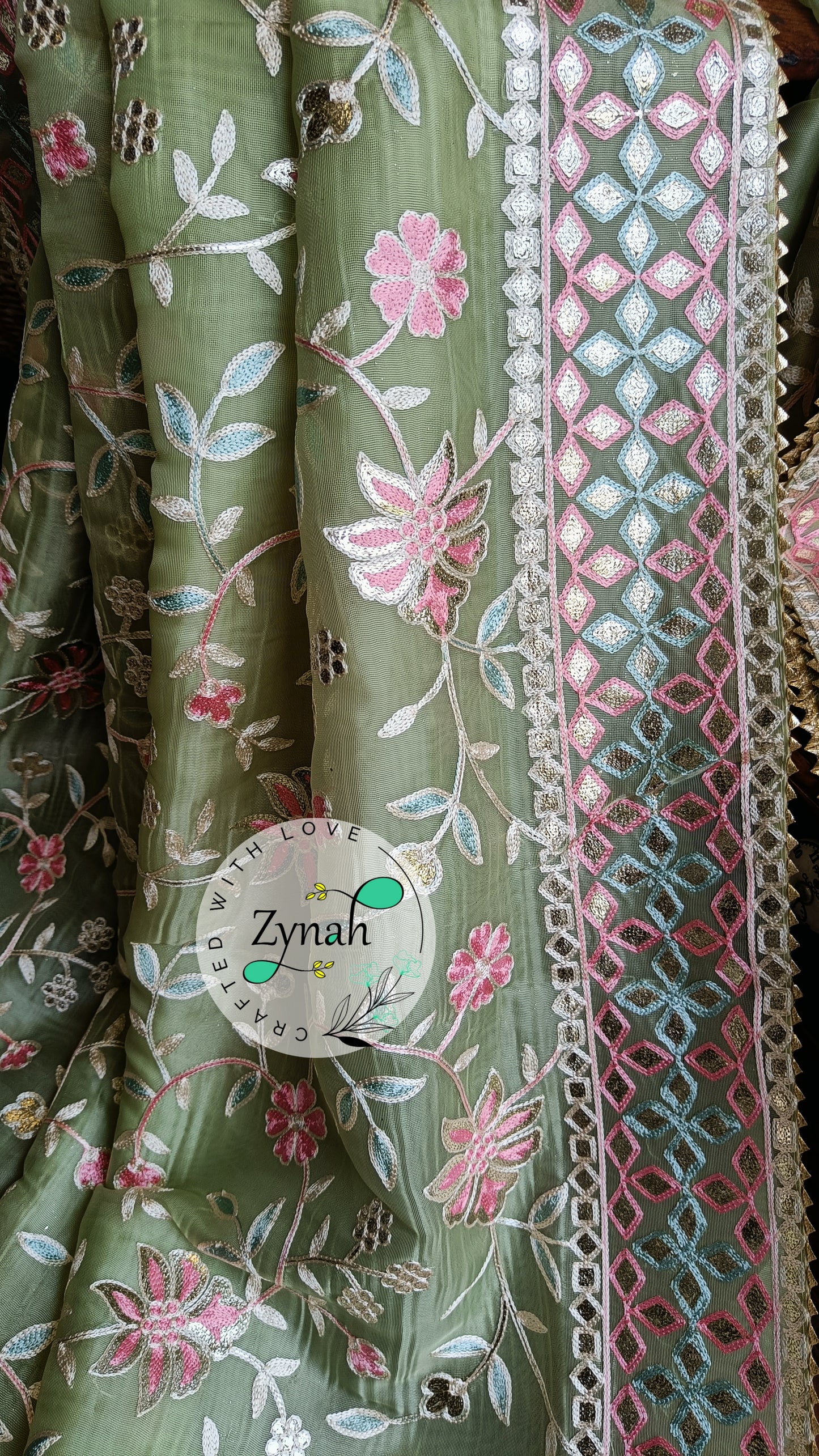 Zynah Pure Organza Silk Saree with Gotapatti Lace, Foil & Thread Embroidery Work; Custom Stitched/Ready-made Blouse, Fall, Petticoat; Shipping available USA, Worldwide