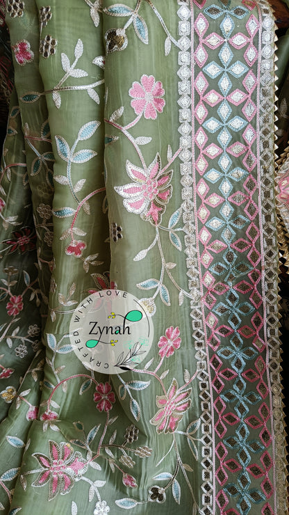 Zynah Pure Organza Silk Saree with Gotapatti Lace, Foil & Thread Embroidery Work; Custom Stitched/Ready-made Blouse, Fall, Petticoat; Shipping available USA, Worldwide