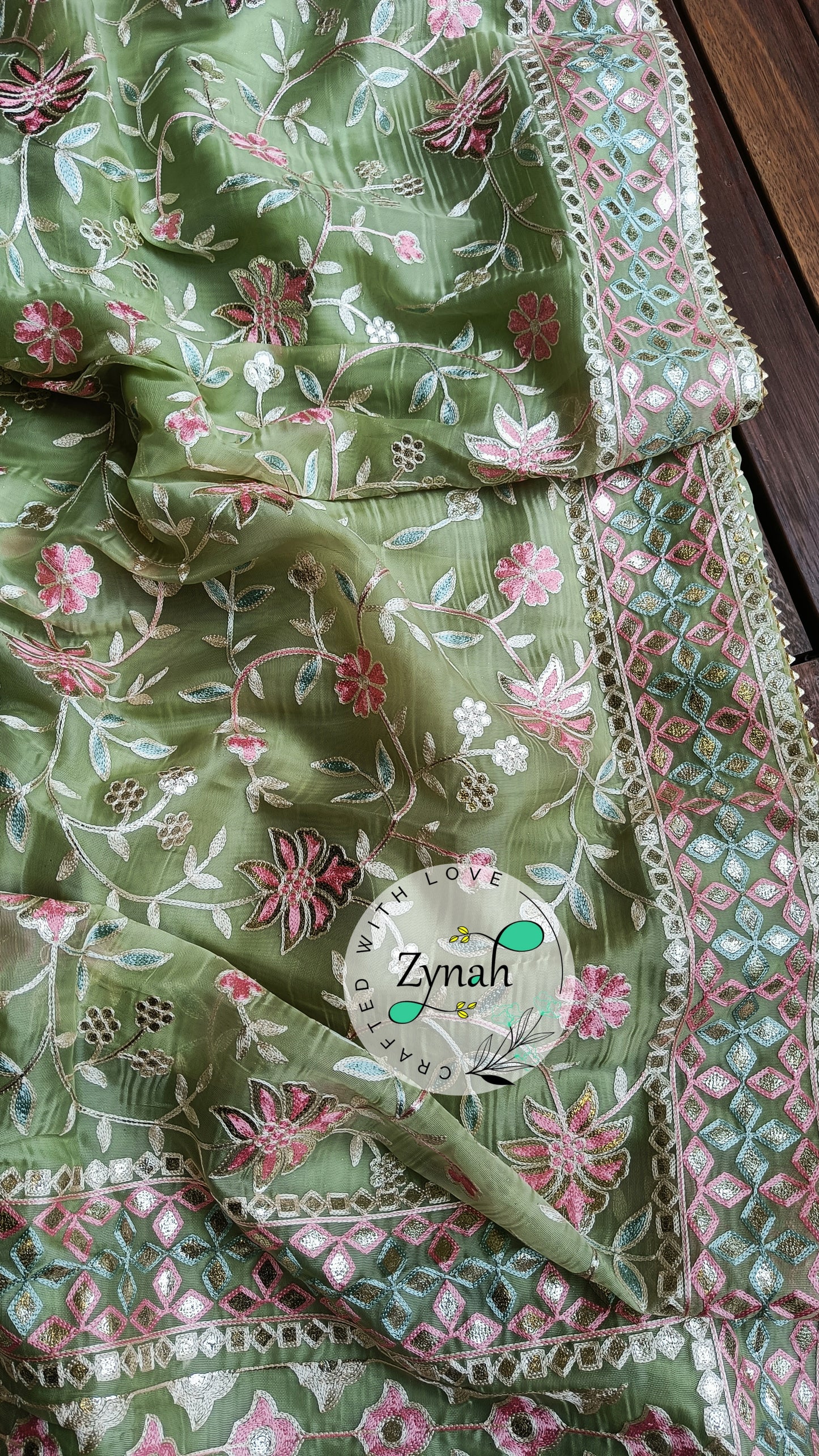 Zynah Pure Organza Silk Saree with Gotapatti Lace, Foil & Thread Embroidery Work; Custom Stitched/Ready-made Blouse, Fall, Petticoat; Shipping available USA, Worldwide