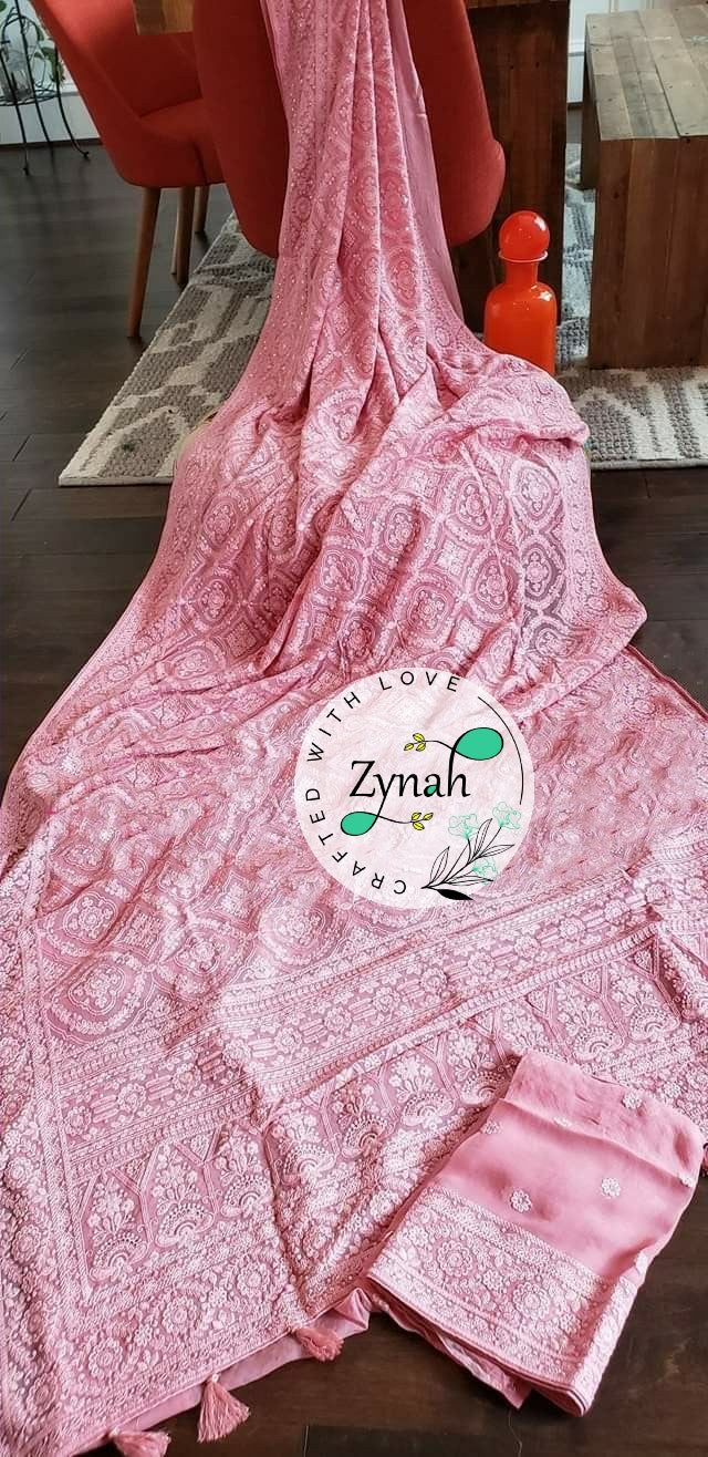 Zynah Pure Georgette Saree with Chikankari & Sequence Work; Custom Stitched/Ready-made Blouse, Fall, Petticoat; Shipping available USA, Worldwide