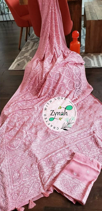 Zynah Pure Georgette Saree with Chikankari & Sequence Work; Custom Stitched/Ready-made Blouse, Fall, Petticoat; Shipping available USA, Worldwide
