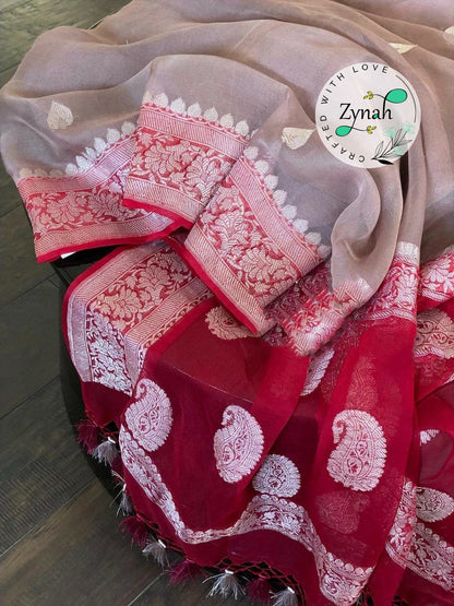 Zynah Pure Banarasi Handloom Khaddi Georgette Saree with Zari Weave; Custom Stitched/Ready-made Blouse, Fall, Petticoat; Shipping available USA, Worldwide