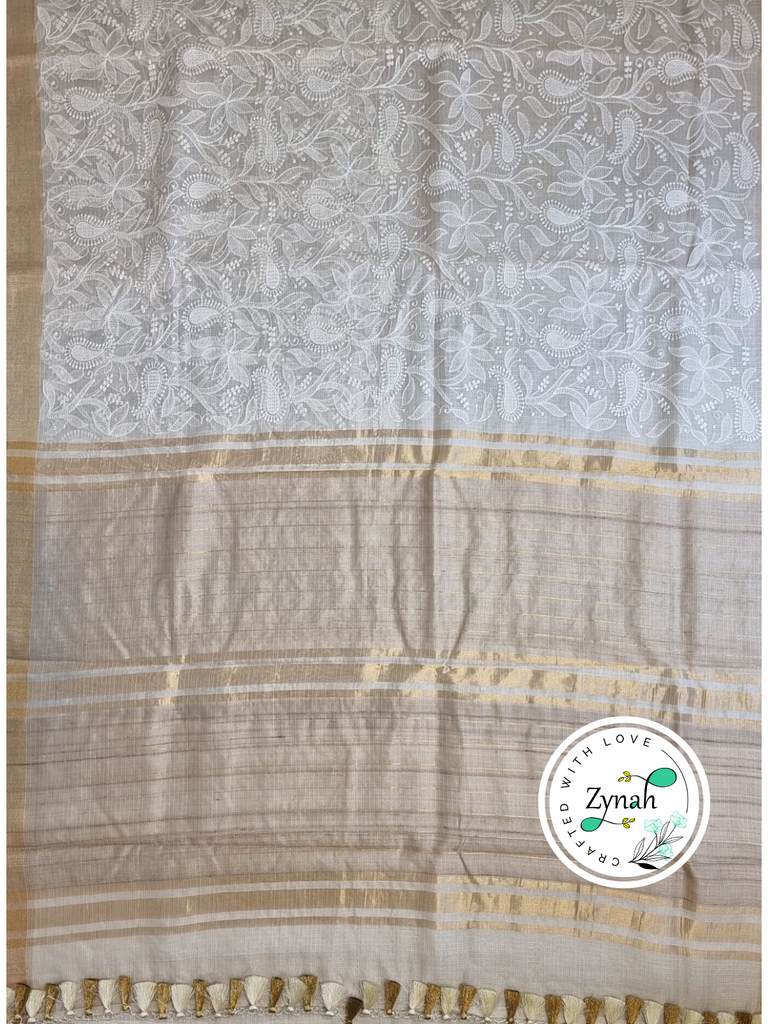 Zynah Off-White Color Pure Tussar Kota Silk Saree with Heavy Chikankari Embroidery With Double Ghiccha Pallu and Heavy Tassels; Custom Stitched/Ready-made Blouse, Fall, Petticoat; Shipping available USA, Worldwide