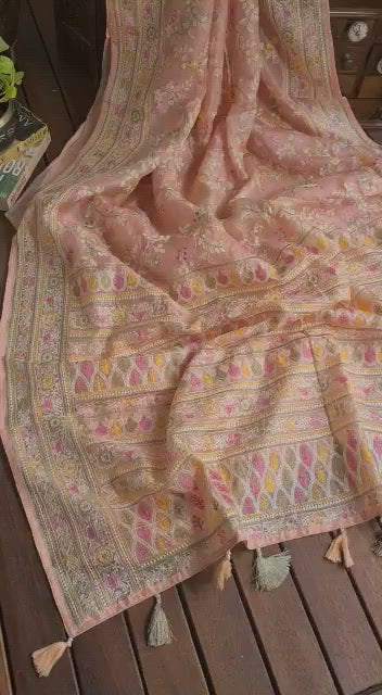 Zynah Feather-light Pure Kota Silk Saree with Chikankari Style Thread Embroidered; Custom Stitched/Ready-made Blouse, Fall, Petticoat; Shipping available USA, Worldwide