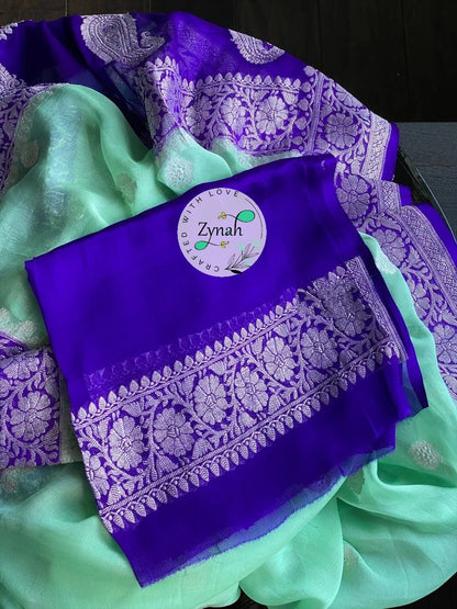 Zynah Pure Banarasi Handloom Khaddi Georgette Saree with Zari Weave; Custom Stitched/Ready-made Blouse, Fall, Petticoat; Shipping available USA, Worldwide