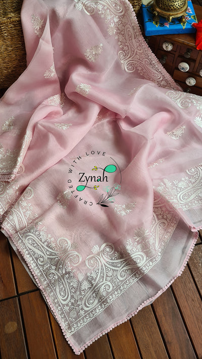 Zynah Pure Organza Silk Saree with Thread Embroidery & Crochet lace Border; Custom Stitched/Ready-made Blouse, Fall, Petticoat; Shipping available USA, Worldwide