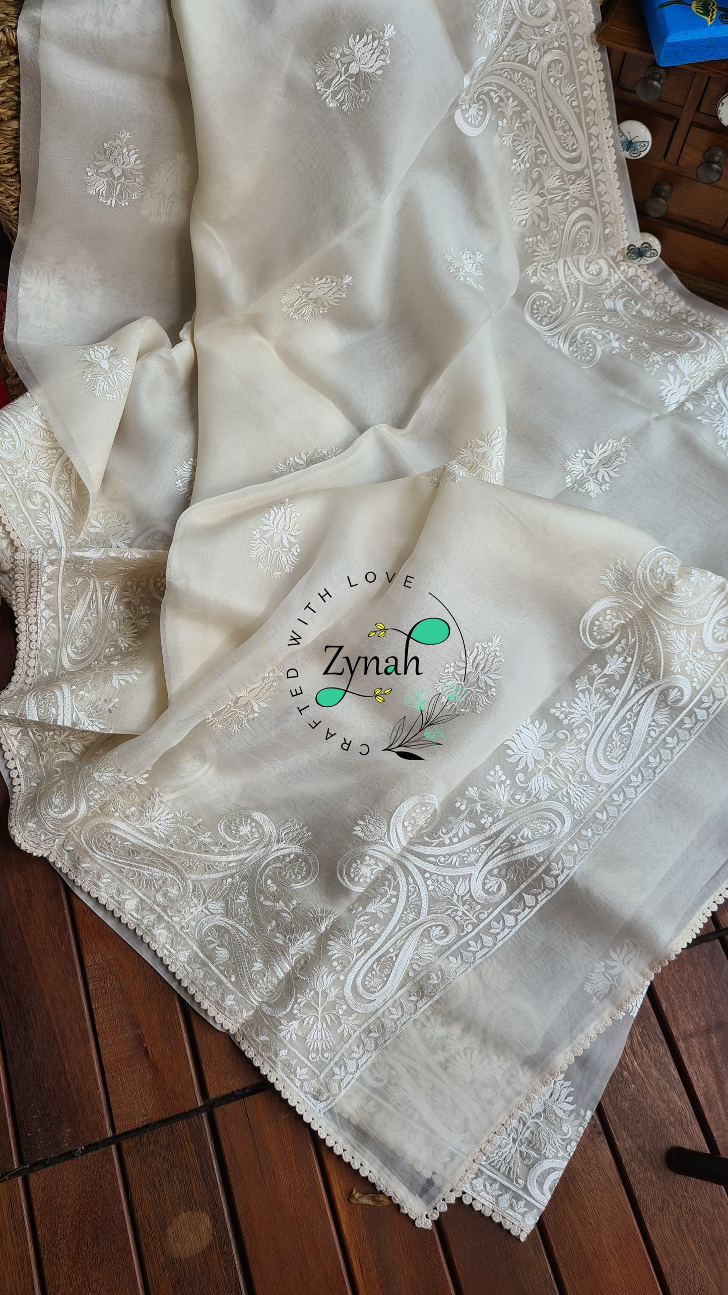 Zynah Pure Organza Silk Saree with Thread Embroidery & Crochet lace Border; Custom Stitched/Ready-made Blouse, Fall, Petticoat; Shipping available USA, Worldwide