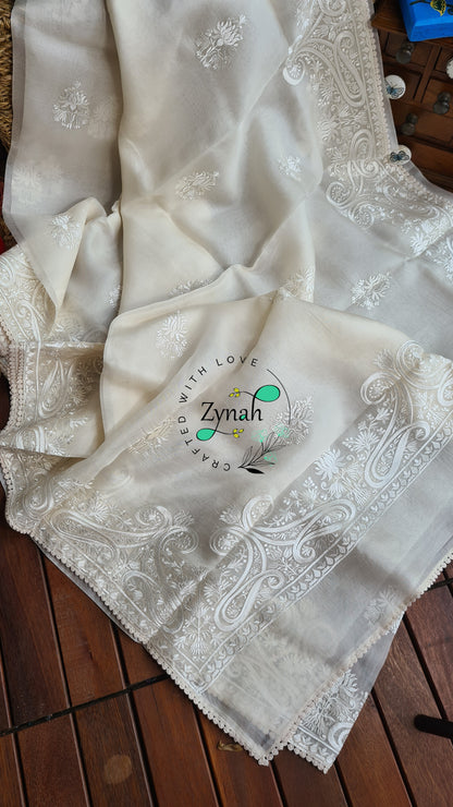 Zynah Pure Organza Silk Saree with Thread Embroidery & Crochet lace Border; Custom Stitched/Ready-made Blouse, Fall, Petticoat; Shipping available USA, Worldwide