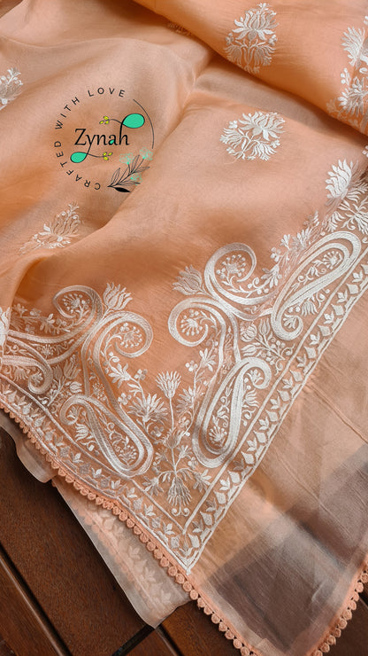 Zynah Pure Organza Silk Saree with Thread Embroidery & Crochet lace Border; Custom Stitched/Ready-made Blouse, Fall, Petticoat; Shipping available USA, Worldwide