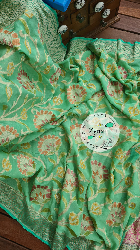 Zynah Pure Handloom Banarasi Khaddi Georgette Saree, Handbrush Dye; Custom Stitched/Ready-made Blouse, Fall, Petticoat; Shipping available USA, Worldwide