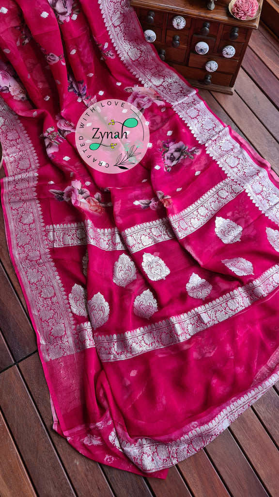 Zynah Pure Khaddi Chiffon Saree with Floral Prints & Silver Zari Weave; Custom Stitched/Ready-made Blouse, Fall, Petticoat; Shipping available USA, Worldwide
