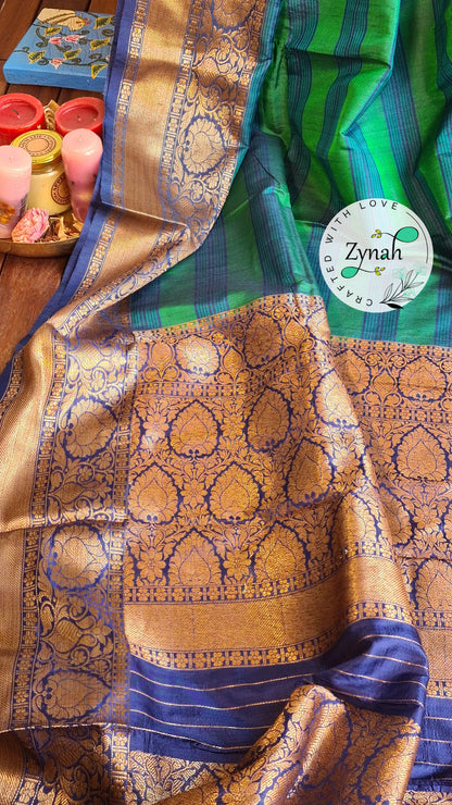 Zynah Pure Tussar Banarasi Silk Saree with Antique Zari; Custom Stitched/Ready-made Blouse, Fall, Petticoat; Shipping available USA, Worldwide