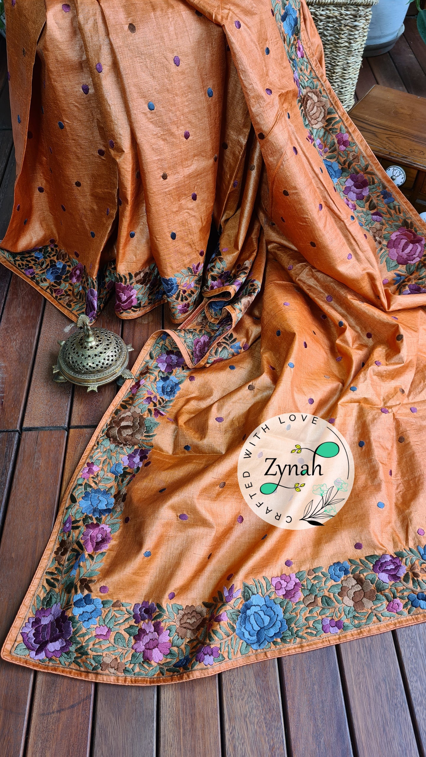 Zynah Made to Order Pure Tussar Silk Parsi Gara Handcrafted Saree; Custom Stitched/Ready-made Blouse, Fall, Petticoat; Shipping available USA, Worldwide