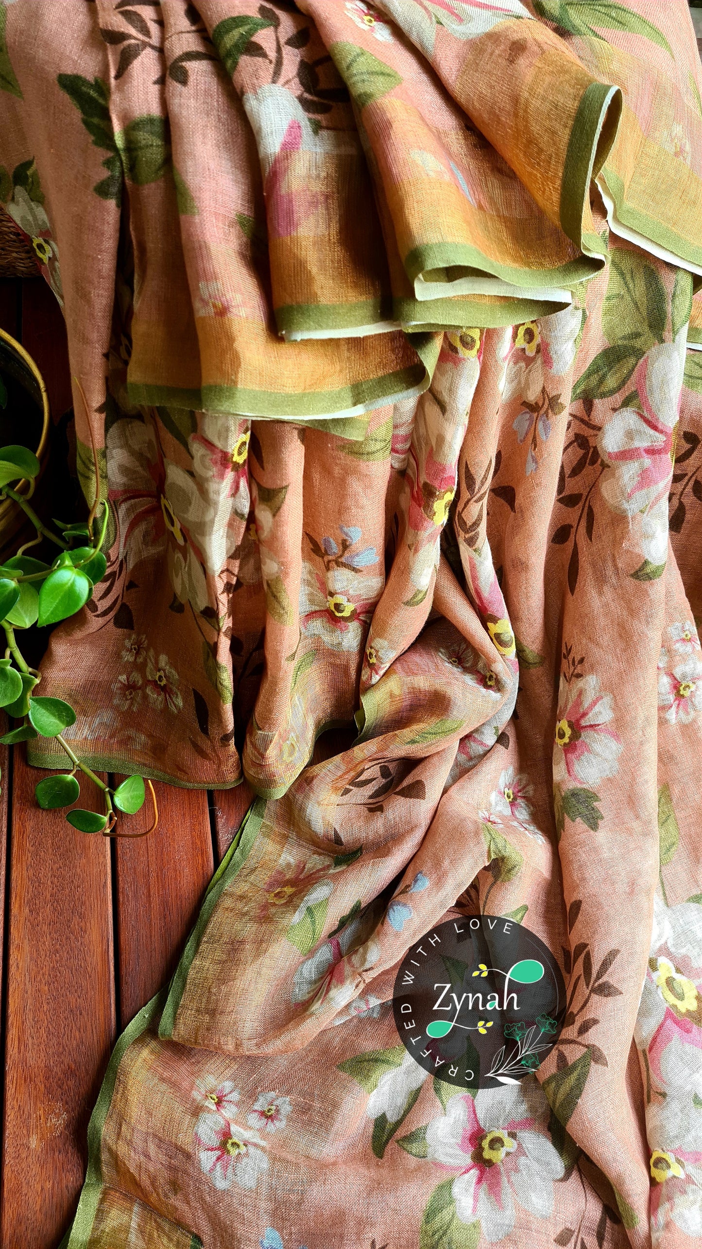 Zynah Organic Pure Linen by Linen(120c) Saree, Digital Floral Prints & Zari Border; Custom Stitched/Ready-made Blouse, Fall, Petticoat; Shipping available USA, Worldwide