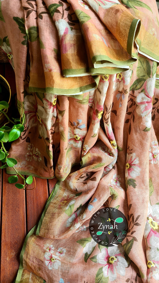 Zynah Organic Pure Linen by Linen(120c) Saree, Digital Floral Prints & Zari Border; Custom Stitched/Ready-made Blouse, Fall, Petticoat; Shipping available USA, Worldwide