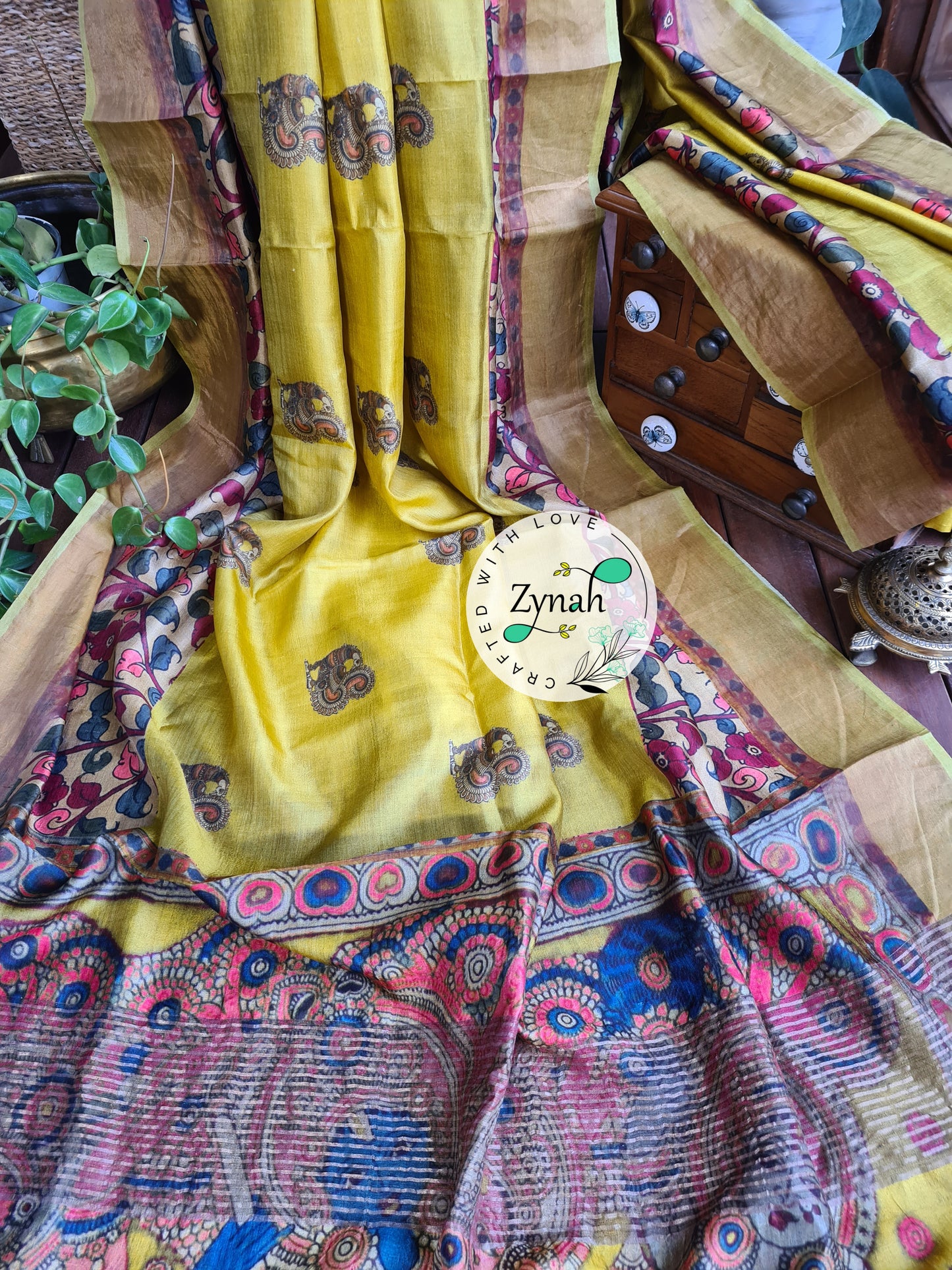 Zynah Pure Tussar Silk Saree with Digital Kalamkari Prints; Custom Stitched/Ready-made Blouse, Fall, Petticoat; Shipping available USA, Worldwide