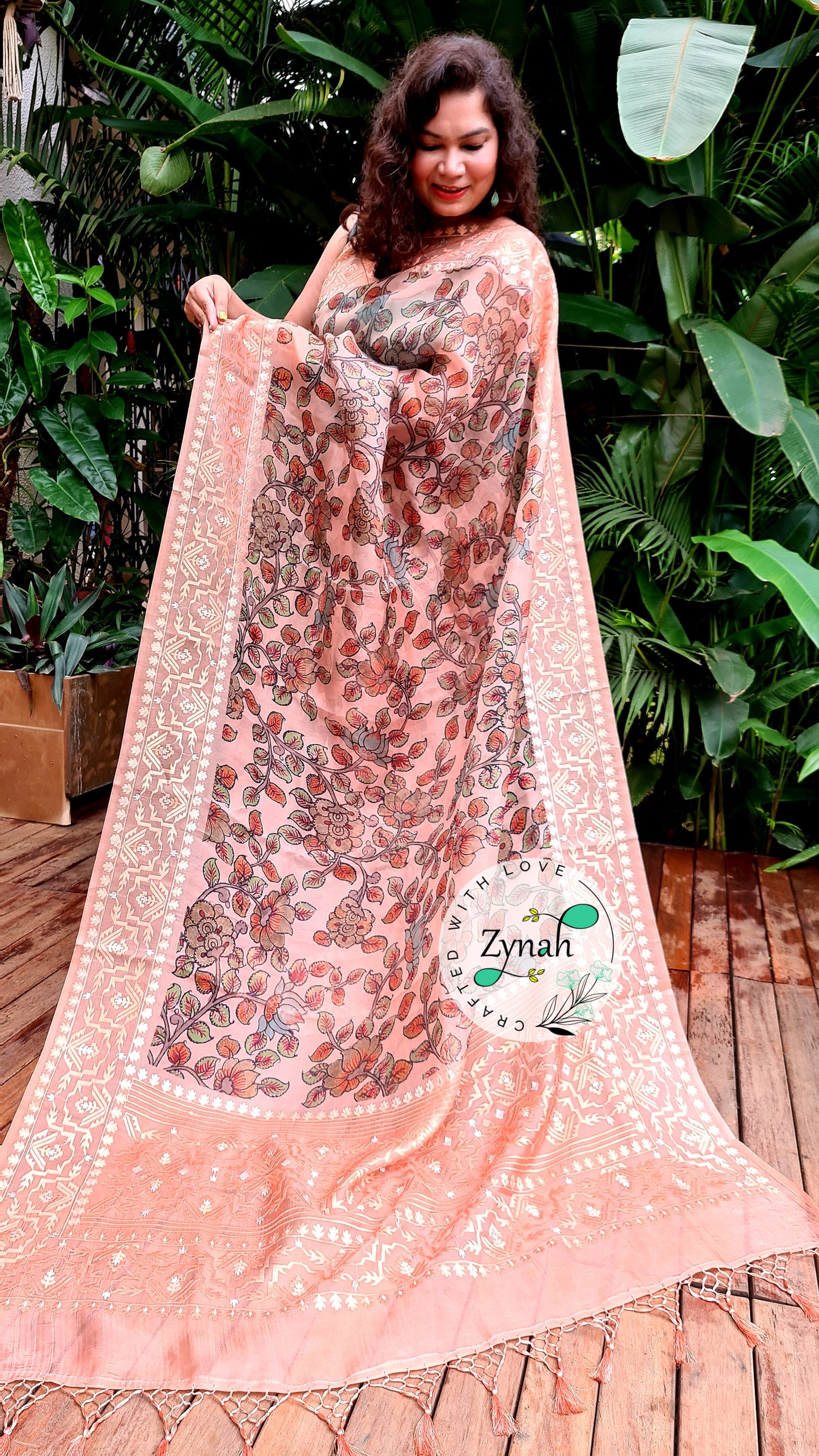 Zynah Pure Organza Silk Kalamkari Saree with Dhakai Jamdhani Thread Embroidery; Custom Stitched/Ready-made Blouse, Fall, Petticoat; Shipping available USA, Worldwide