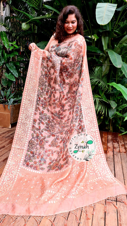 Zynah Pure Organza Silk Kalamkari Saree with Dhakai Jamdhani Thread Embroidery; Custom Stitched/Ready-made Blouse, Fall, Petticoat; Shipping available USA, Worldwide