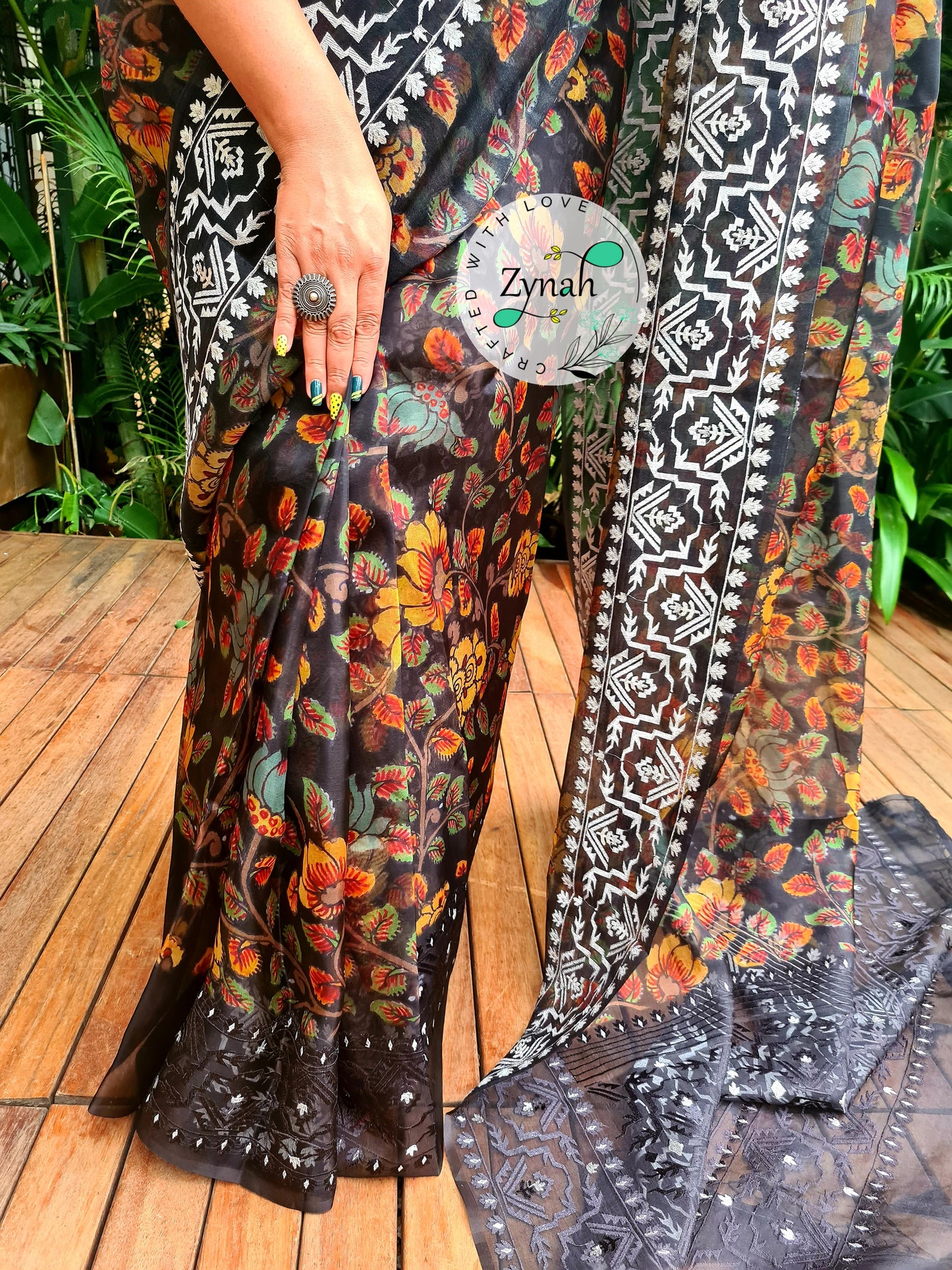 Zynah Pure Organza Silk Kalamkari Saree with Dhakai Jamdhani Thread Embroidery; Custom Stitched/Ready-made Blouse, Fall, Petticoat; Shipping available USA, Worldwide