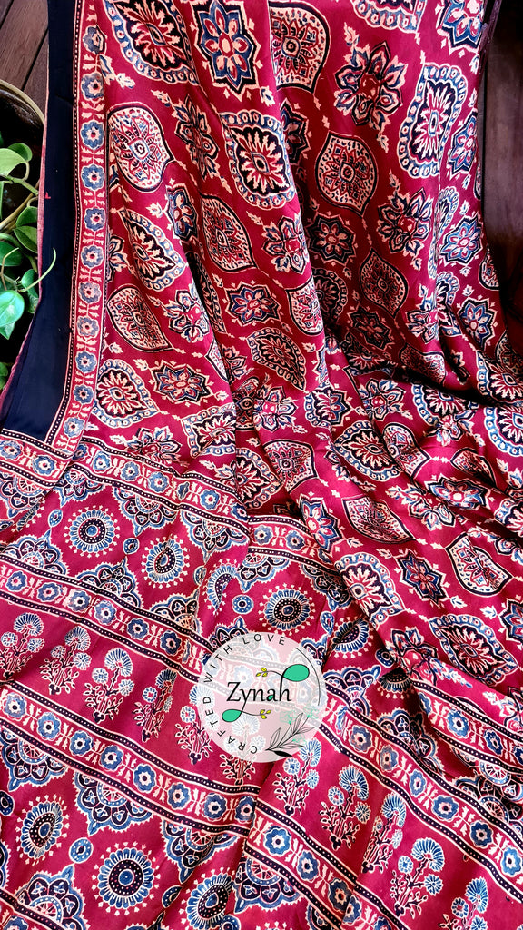 Zynah Pure Modal Silk Ajrakh Saree with Handblock Prints; Custom Stitched/Ready-made Blouse, Fall, Petticoat; Shipping available USA, Worldwide