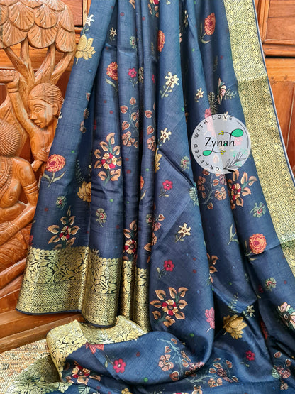 Zynah Pure Munga Silk Saree with Trendy prints & Zari Weave Border; Custom Stitched/Ready-made Blouse, Fall, Petticoat; Shipping available USA, Worldwide