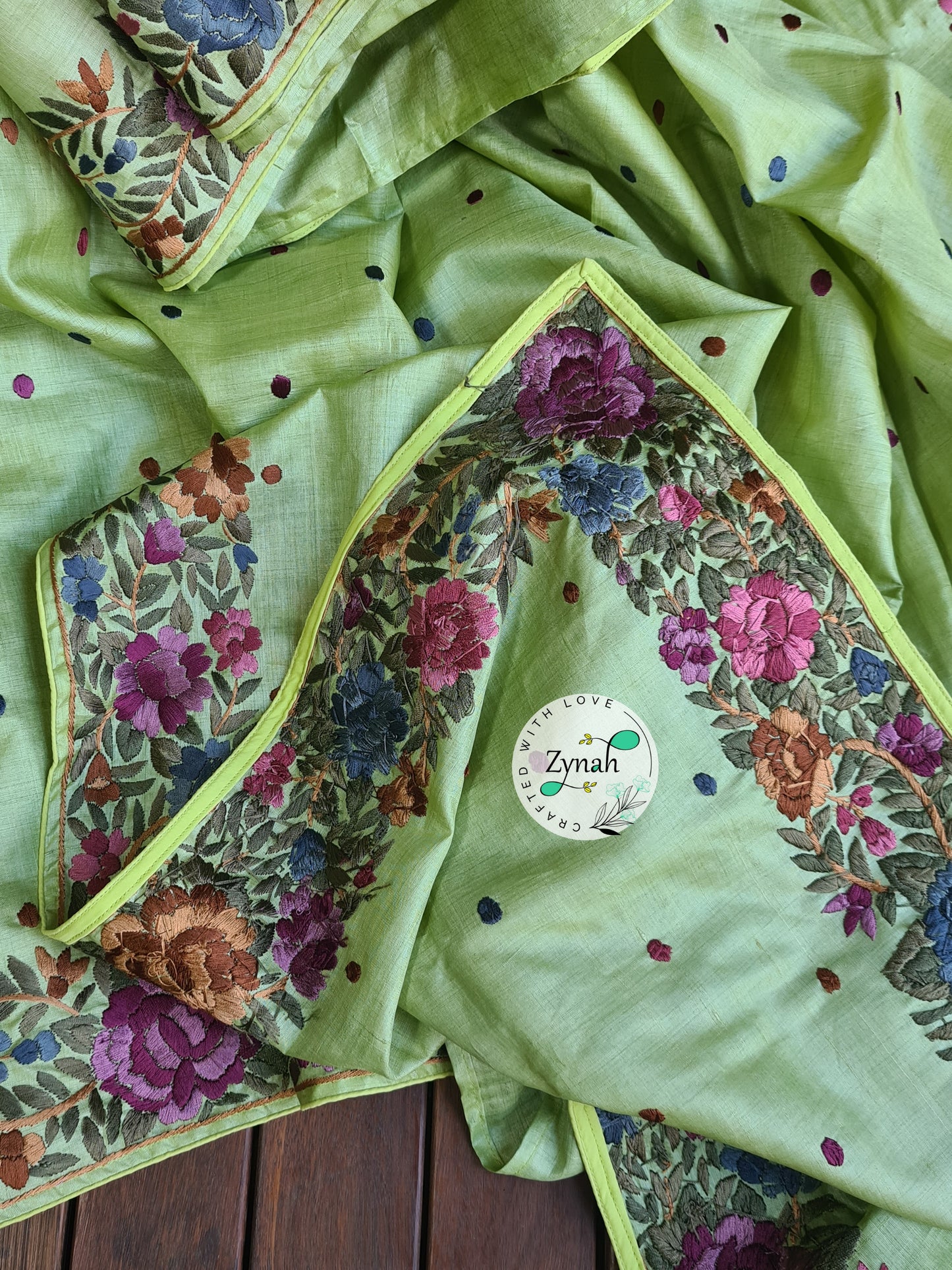 Zynah Pure Tussar Silk Parsi Gara Handcrafted Saree; Custom Stitched/Ready-made Blouse, Fall, Petticoat; Shipping available USA, Worldwide