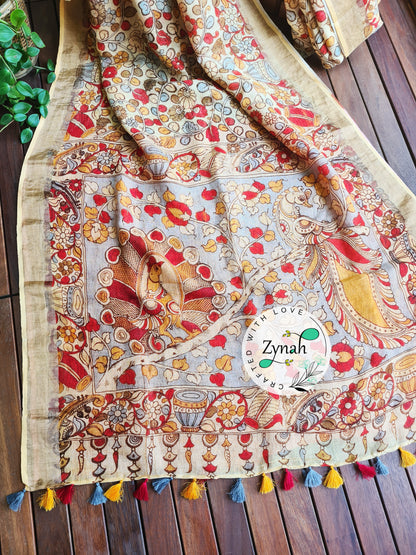 Zynah Kalamkari Organic Lab Tested 120 Count pure 'Linen by Linen' Saree; Custom Stitched/Ready-made Blouse, Fall, Petticoat; Shipping available USA, Worldwide