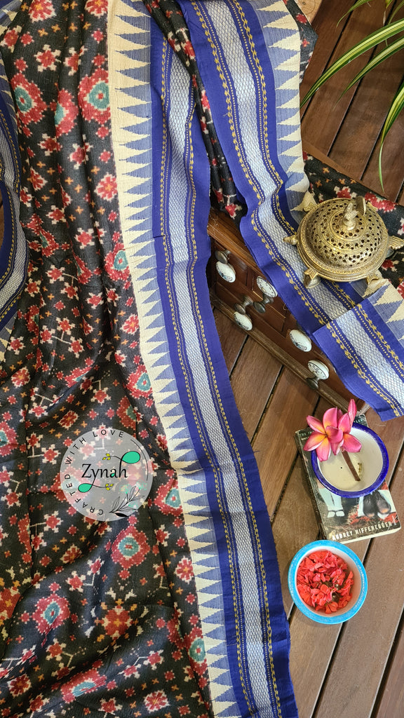 Zynah Pure Vidarbha Tussar Silk Saree with Patan Patola Print, Karvati Kinar & Temple border; Custom Stitched/Ready-made Blouse, Fall, Petticoat; Shipping available USA, Worldwide
